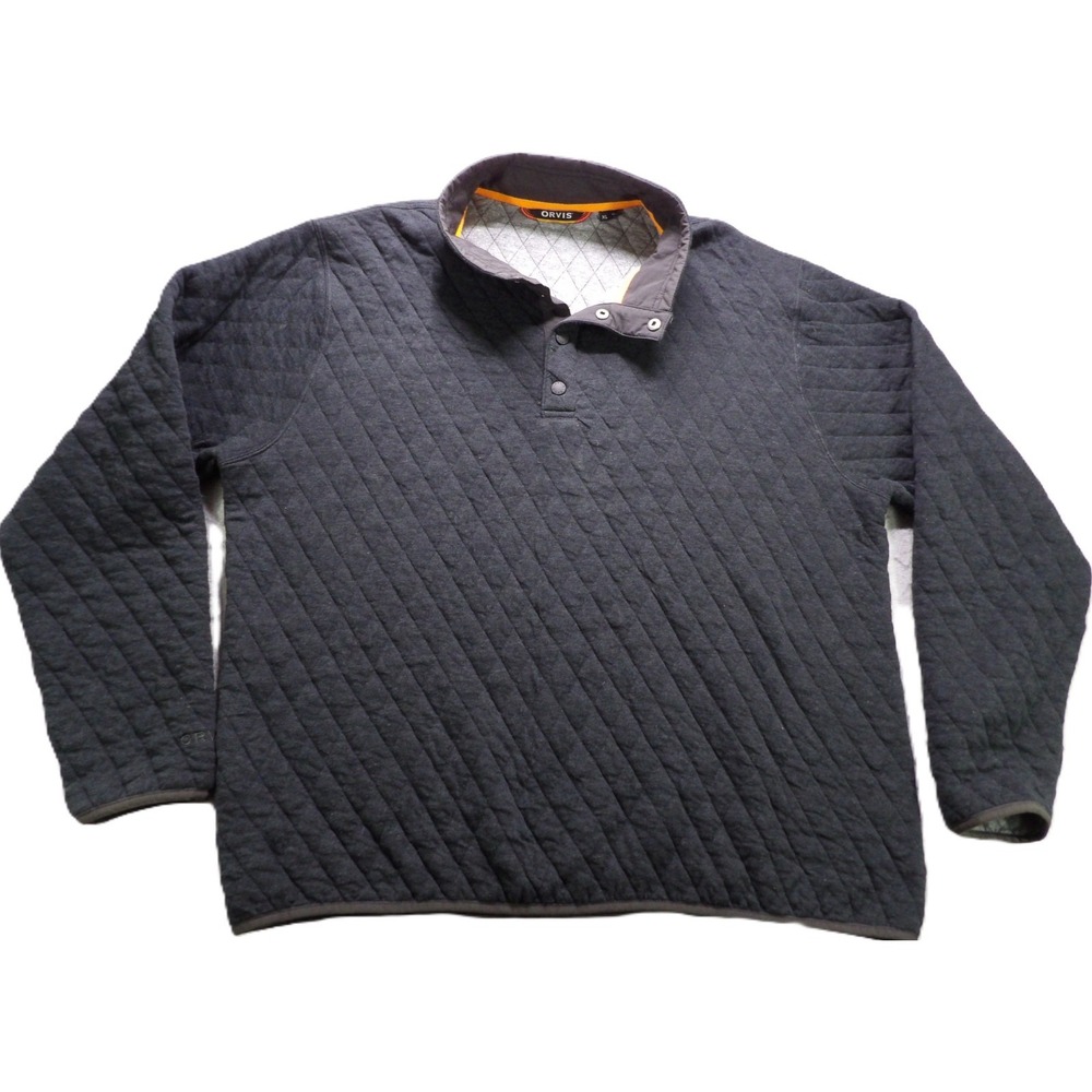 Orvis Men Quilted Snap Sweatshirt XL Charcoal Gray Diamond Stitch Pullover Heavy